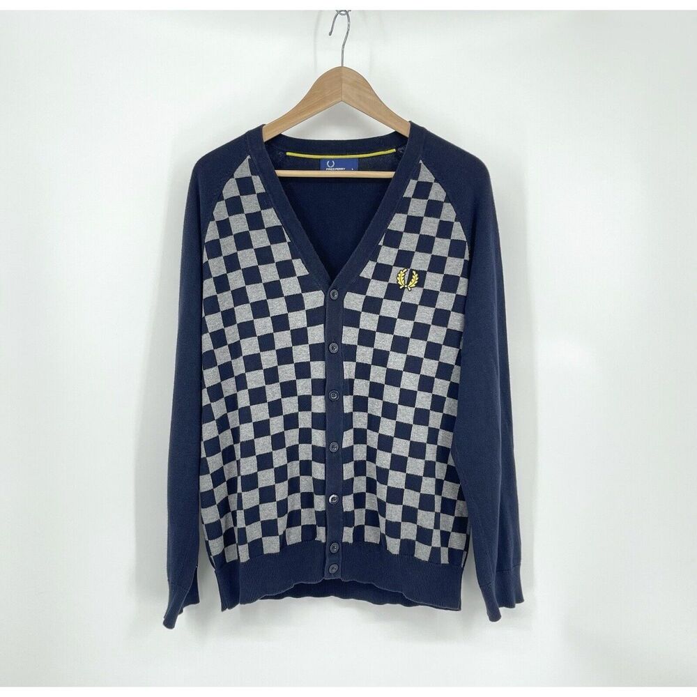 FRED PERRY Button V-neck Classic Cotton Cardigan Blue Gray Check Men’s Size L